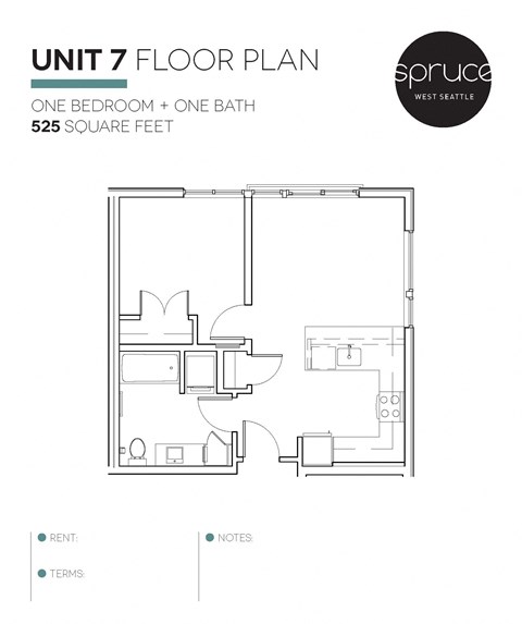 Floor plan for 1 bed, 1 bath, 525 sqft